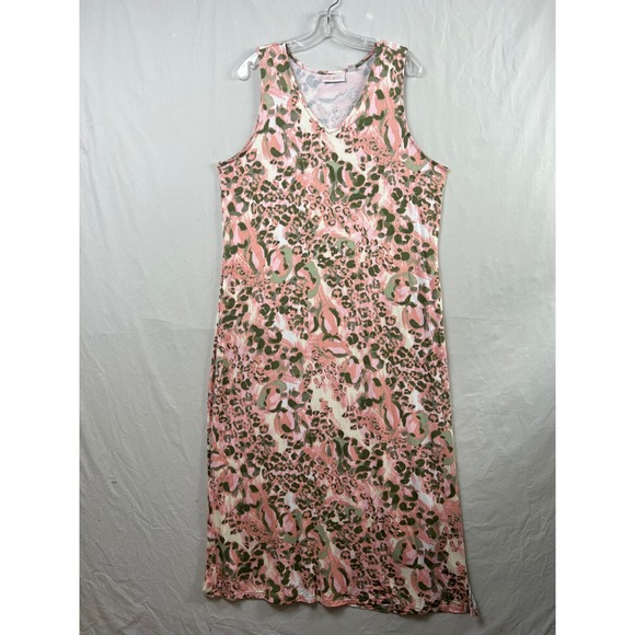 Belle by Kim Gravel Dresses & Skirts - Belle Kim Gravel Maxi Dress Women Large Pink Olive Animal Print V-Neck Slit Tank